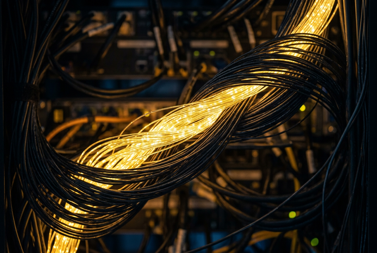 Futuristic fiber optic network representing payment data flow