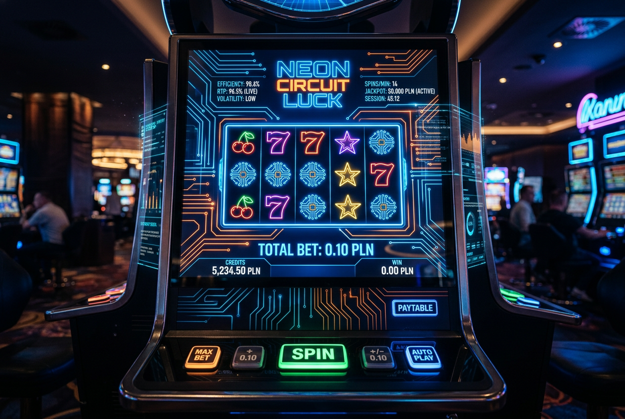 Low-stake slot machine interface with glowing neon circuits.
