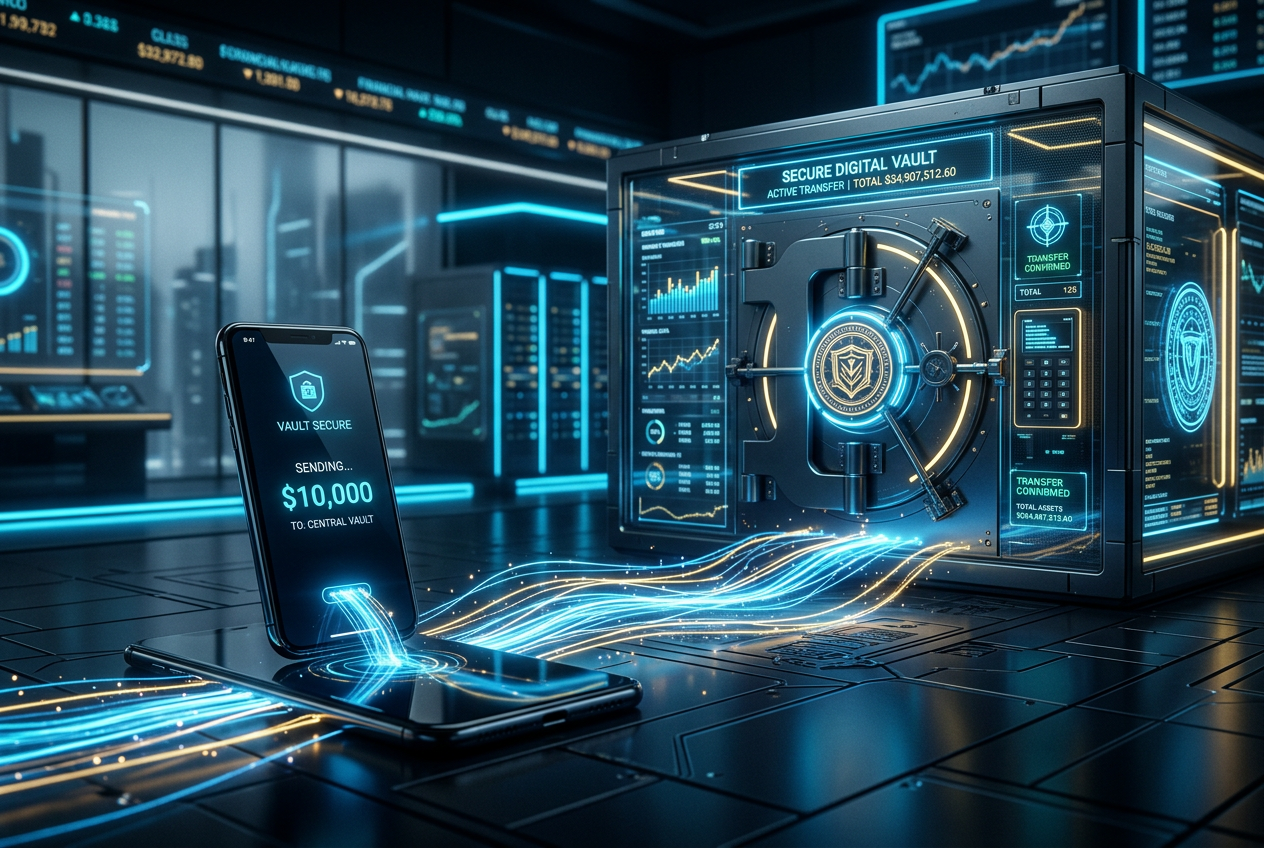 Stylized digital representation of financial energy flowing between a smartphone and a casino system.